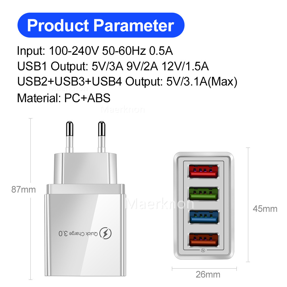 4 USB Fast Charging Head EU/US - Travel Accessories Iphone 评论和价格